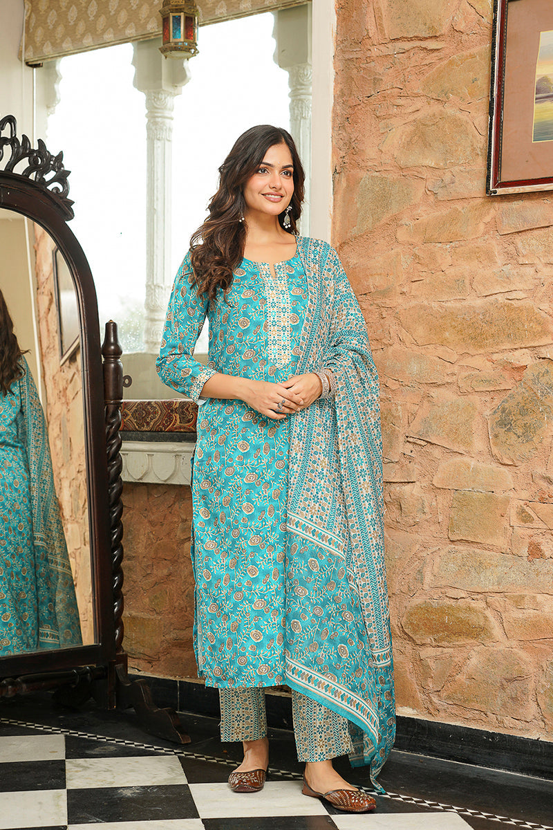Turquoise Blue Rayon Blend Floral Printed Straight Kurta Trousers With Dupatta VKSKD2400