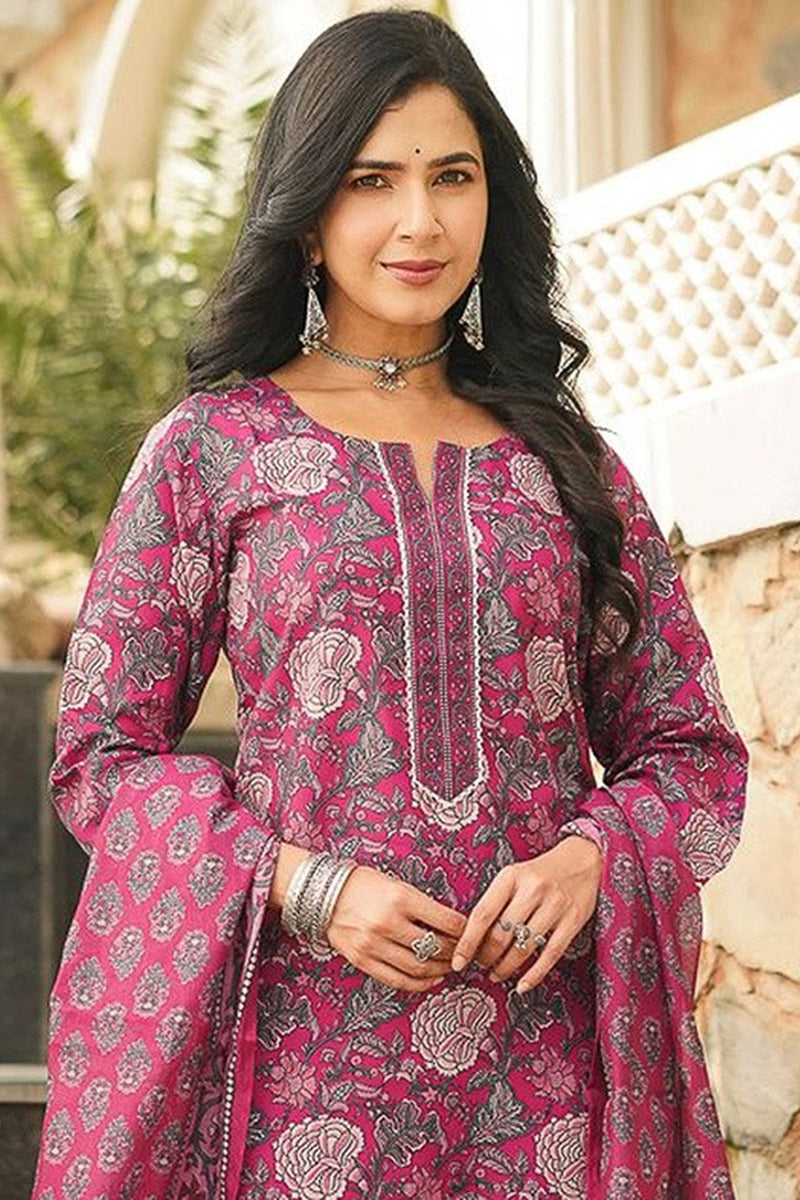 Pink Rayon Blend Floral Printed Straight Kurta Trousers With Dupatta VKSKD2401