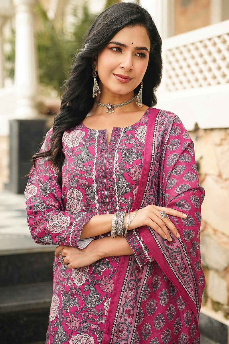 Pink Rayon Blend Floral Printed Straight Kurta Trousers With Dupatta VKSKD2401