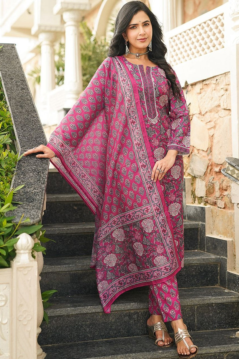 Pink Rayon Blend Floral Printed Straight Kurta Trousers With Dupatta VKSKD2401