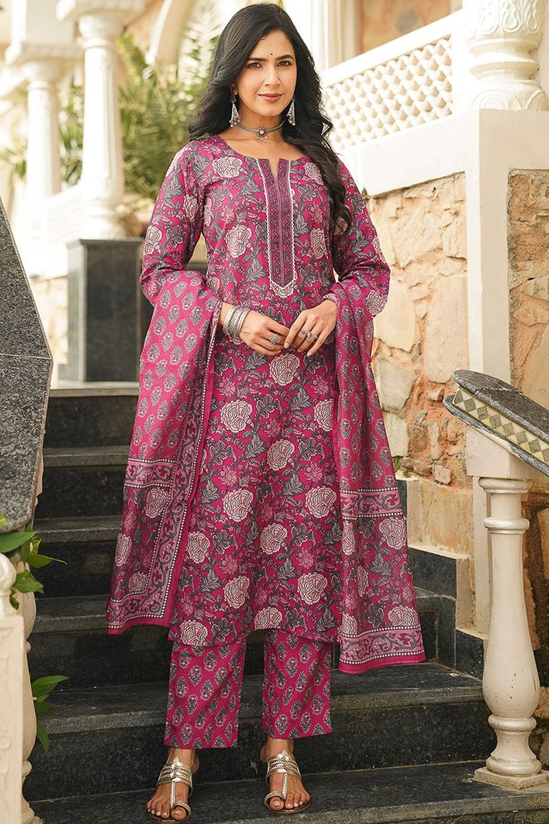 Pink Rayon Blend Floral Printed Straight Kurta Trousers With Dupatta VKSKD2401