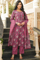 Pink Cotton Blend Floral Printed Straight Kurta Trousers With Dupatta VKSKD2401