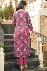 Pink Cotton Blend Floral Printed Straight Kurta Trousers With Dupatta VKSKD2401