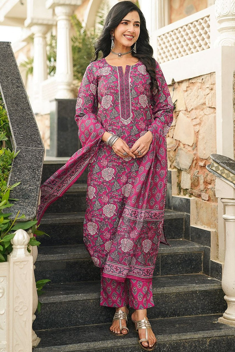 Pink Rayon Blend Floral Printed Straight Kurta Trousers With Dupatta VKSKD2401