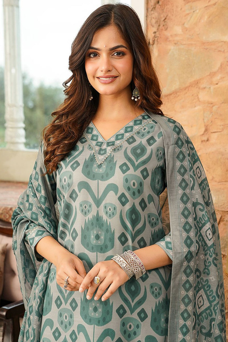 Grey Rayon Blend Ethnic Motifs Printed Straight Kurta Trousers With Dupatta VKSKD2403