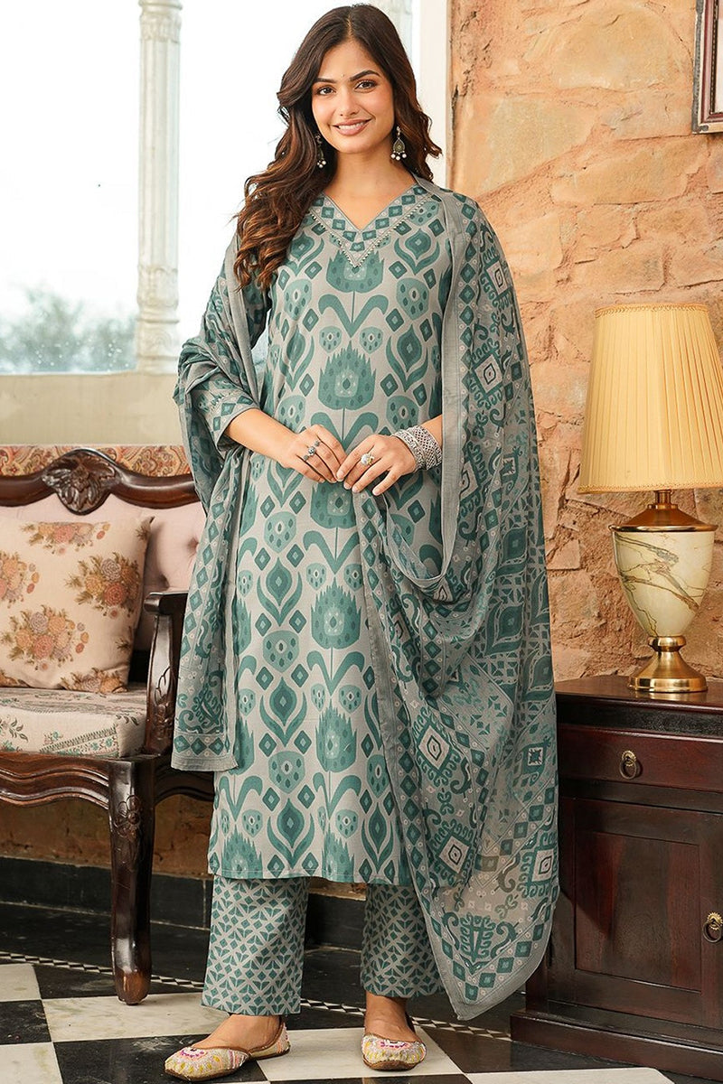 Grey Rayon Blend Ethnic Motifs Printed Straight Kurta Trousers With Dupatta VKSKD2403