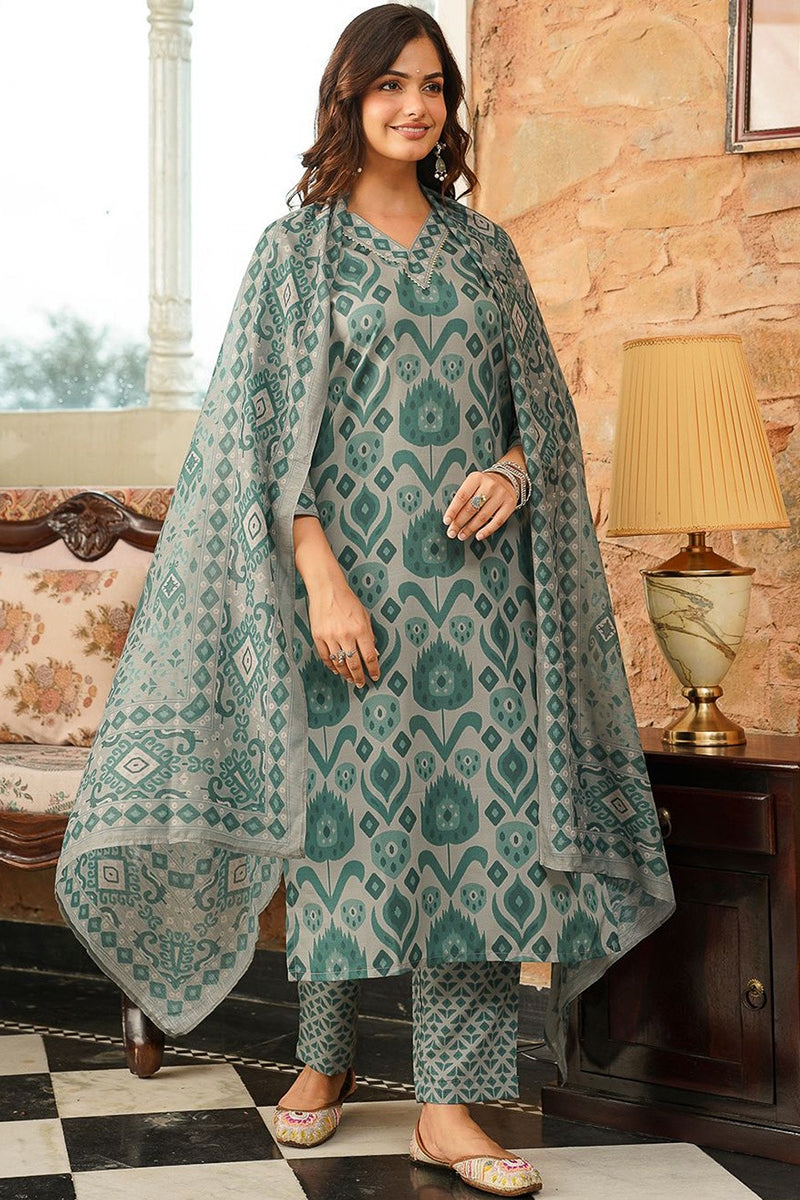 Grey Rayon Blend Ethnic Motifs Printed Straight Kurta Trousers With Dupatta VKSKD2403