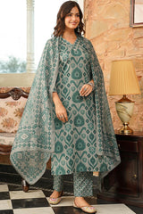 Grey Cotton Blend Ikat Printed Straight Kurta Trousers With Dupatta VKSKD2403