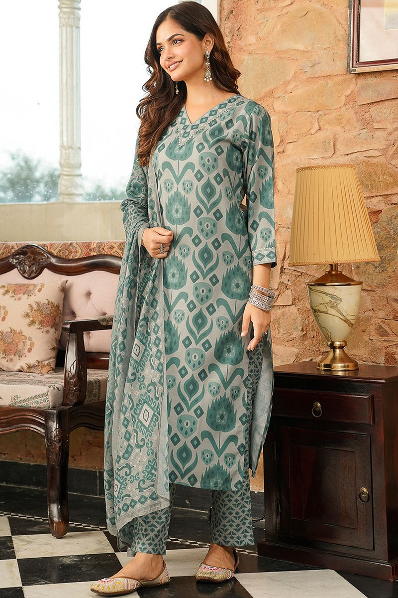 Grey Rayon Blend Ethnic Motifs Printed Straight Kurta Trousers With Dupatta VKSKD2403