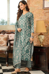 Grey Cotton Blend Ikat Printed Straight Kurta Trousers With Dupatta VKSKD2403