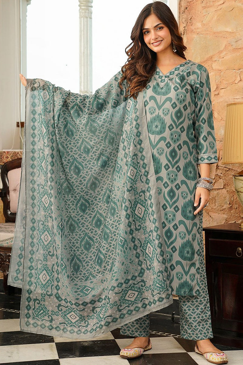 Grey Rayon Blend Ethnic Motifs Printed Straight Kurta Trousers With Dupatta VKSKD2403