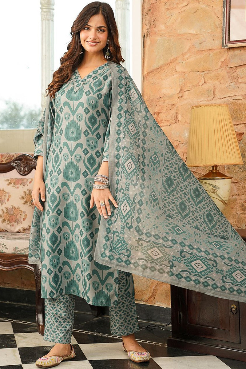 Grey Rayon Blend Ethnic Motifs Printed Straight Kurta Trousers With Dupatta VKSKD2403