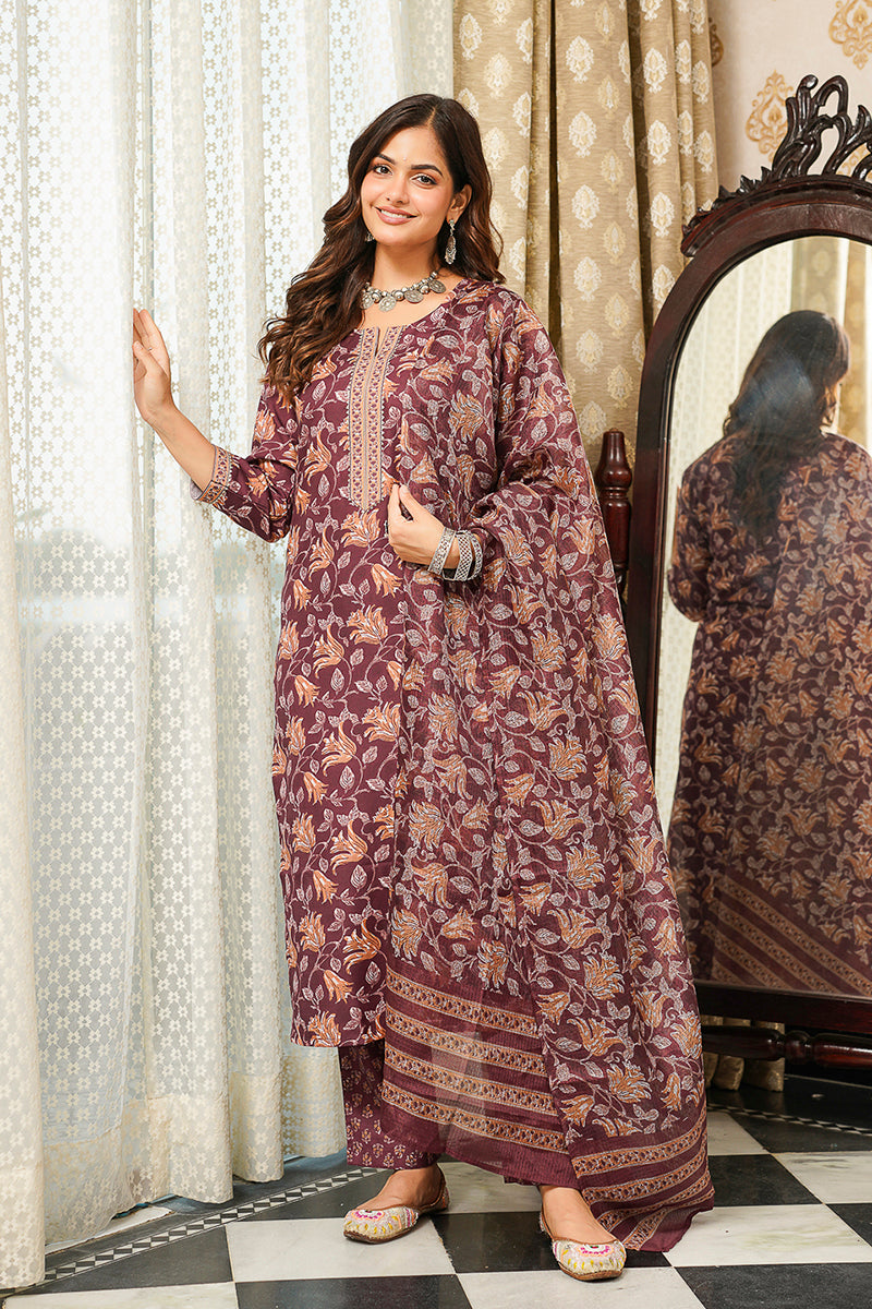 Brown Rayon Blend Floral Printed Straight Kurta Trousers With Dupatta VKSKD2404