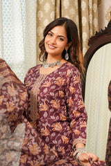 Brown Cotton Blend Floral Printed Straight Kurta Trousers With Dupatta VKSKD2404