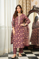 Brown Cotton Blend Floral Printed Straight Kurta Trousers With Dupatta VKSKD2404