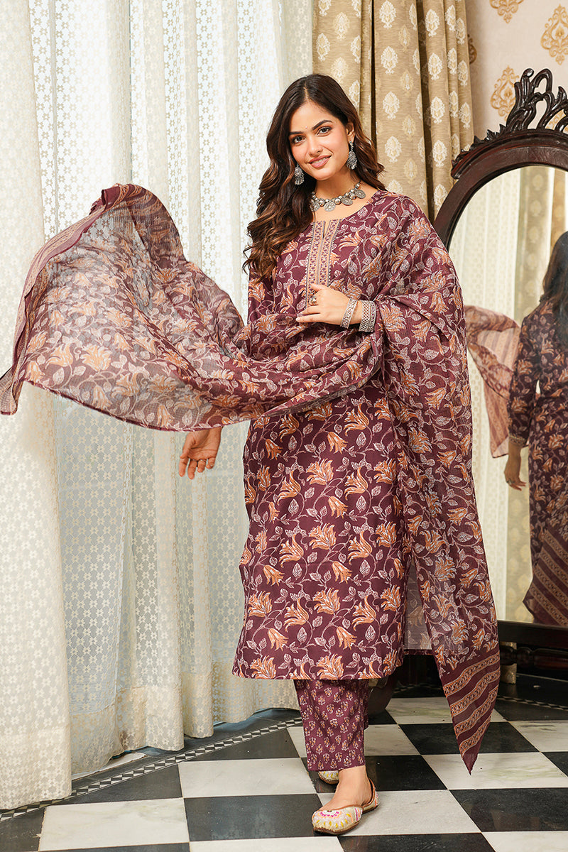 Brown Rayon Blend Floral Printed Straight Kurta Trousers With Dupatta VKSKD2404