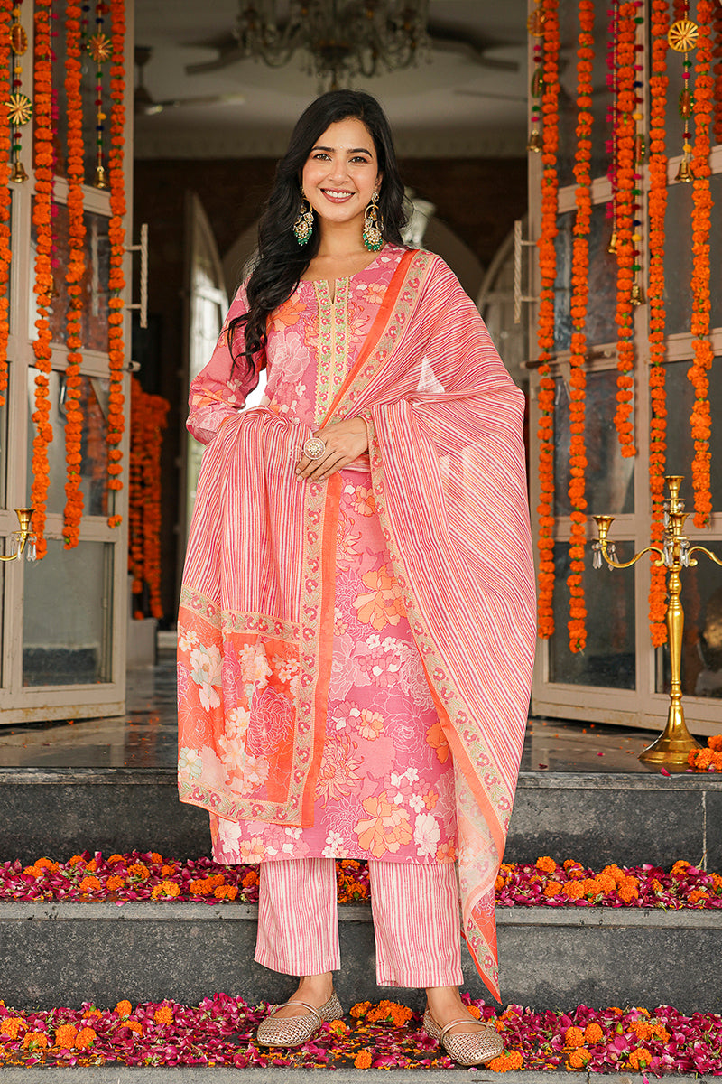 Pink Rayon Blend Floral Printed Straight Kurta Trousers With Dupatta VKSKD2405