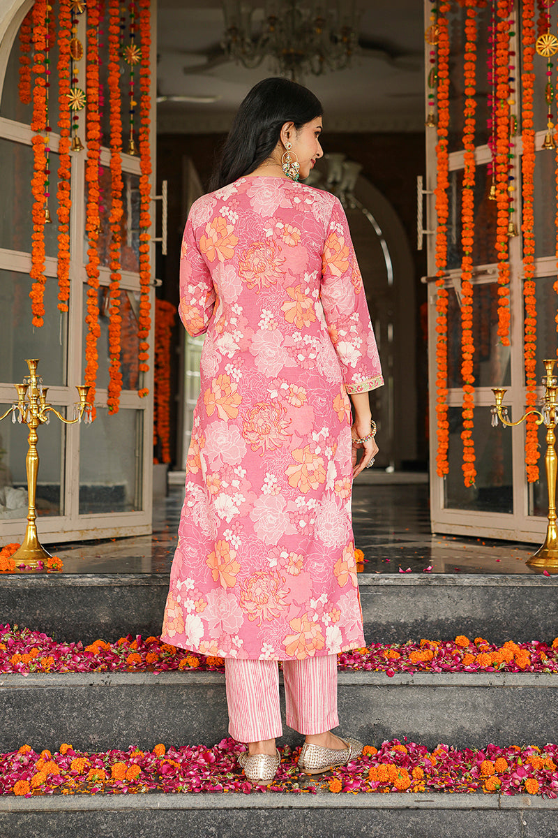 Pink Rayon Blend Floral Printed Straight Kurta Trousers With Dupatta VKSKD2405