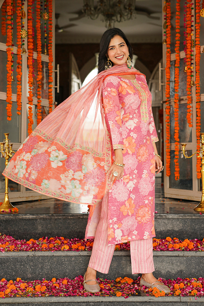 Pink Rayon Blend Floral Printed Straight Kurta Trousers With Dupatta VKSKD2405