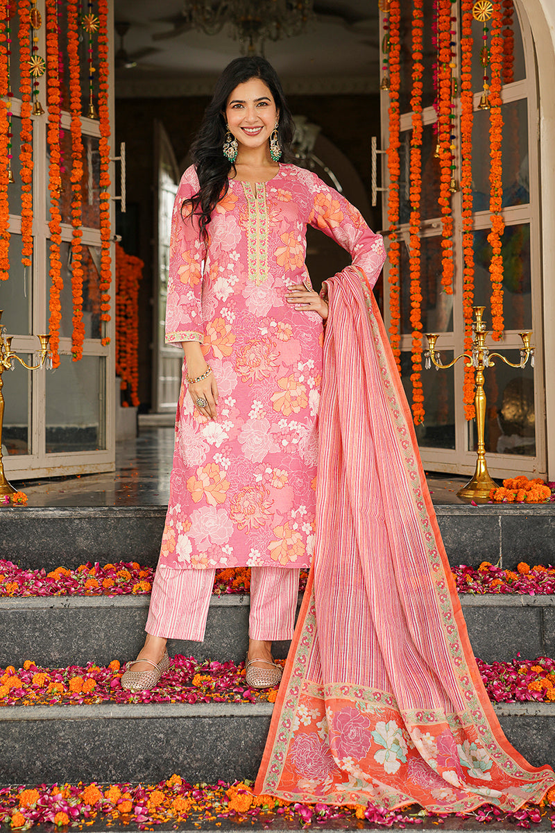 Pink Rayon Blend Floral Printed Straight Kurta Trousers With Dupatta VKSKD2405