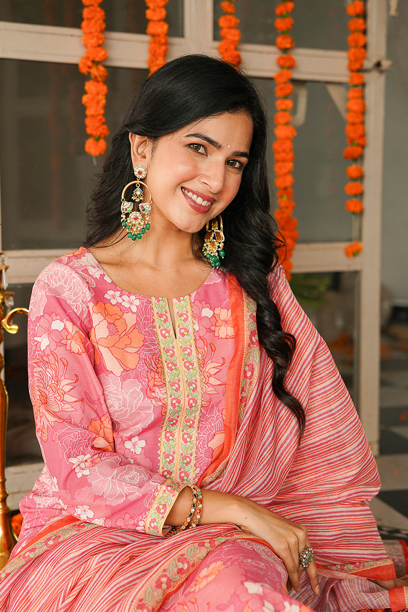 Pink Rayon Blend Floral Printed Straight Kurta Trousers With Dupatta VKSKD2405