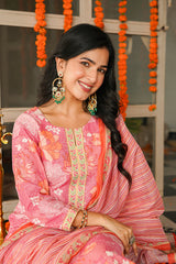 Pink Cotton Blend Floral Printed Straight Kurta Trousers With Dupatta VKSKD2405