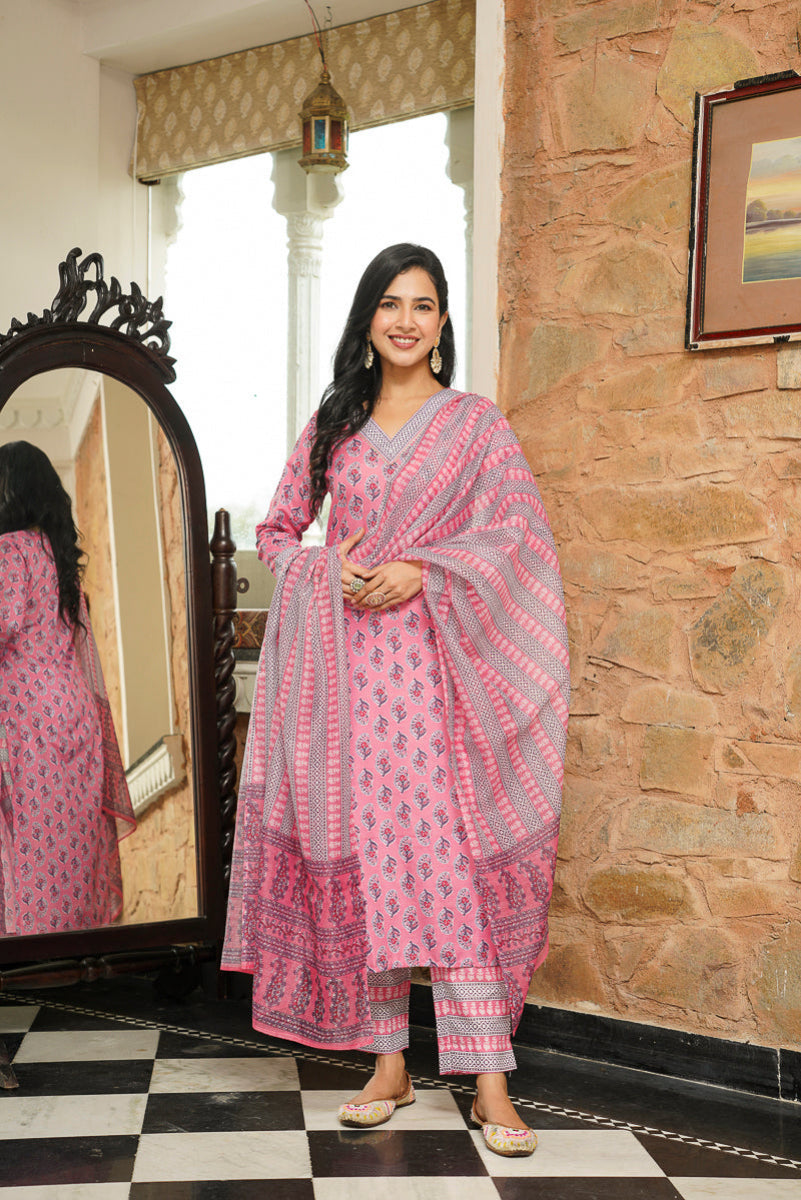 Pink Rayon Blend Ethnic Motifs Printed Straight Kurta Trousers With Dupatta VKSKD2406