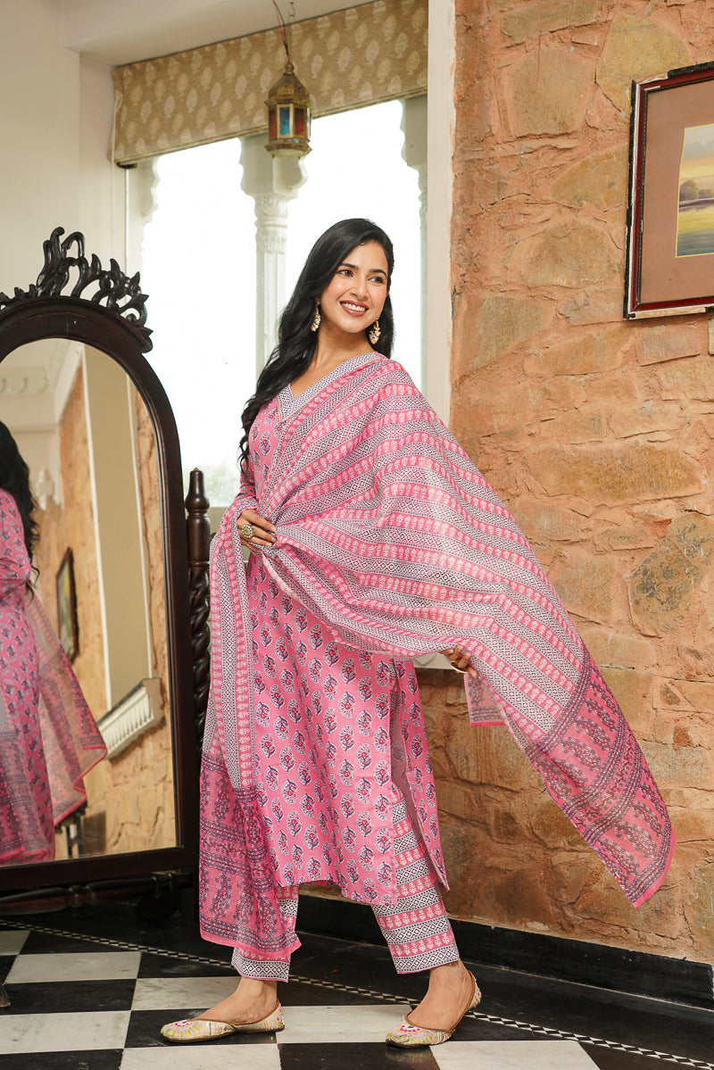 Pink Rayon Blend Ethnic Motifs Printed Straight Kurta Trousers With Dupatta VKSKD2406