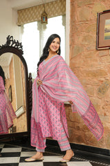 Pink Cotton Blend Ethnic Motifs Printed Straight Kurta Trousers With Dupatta VKSKD2406