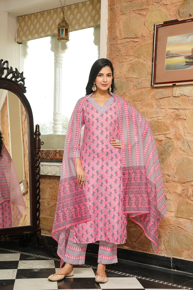 Pink Rayon Blend Ethnic Motifs Printed Straight Kurta Trousers With Dupatta VKSKD2406