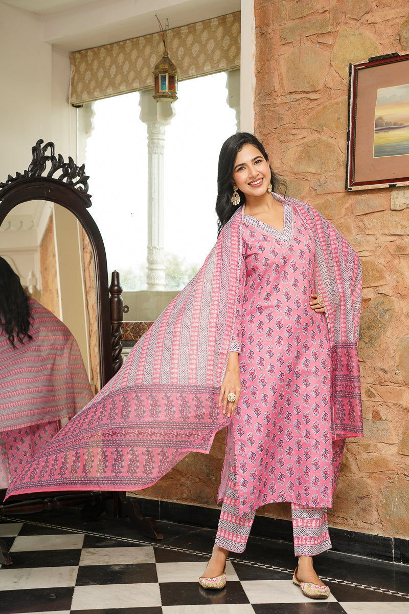 Pink Rayon Blend Ethnic Motifs Printed Straight Kurta Trousers With Dupatta VKSKD2406