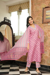 Pink Cotton Blend Ethnic Motifs Printed Straight Kurta Trousers With Dupatta VKSKD2406