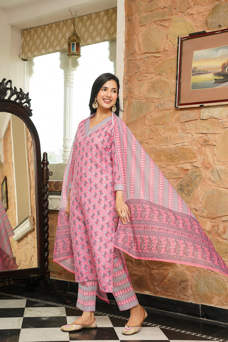Pink Rayon Blend Ethnic Motifs Printed Straight Kurta Trousers With Dupatta VKSKD2406