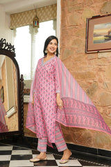 Pink Cotton Blend Ethnic Motifs Printed Straight Kurta Trousers With Dupatta VKSKD2406