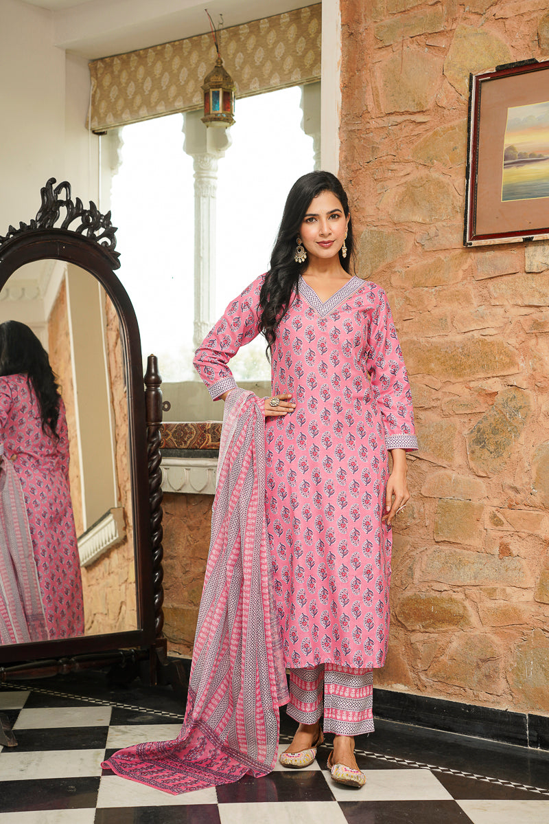 Pink Rayon Blend Ethnic Motifs Printed Straight Kurta Trousers With Dupatta VKSKD2406