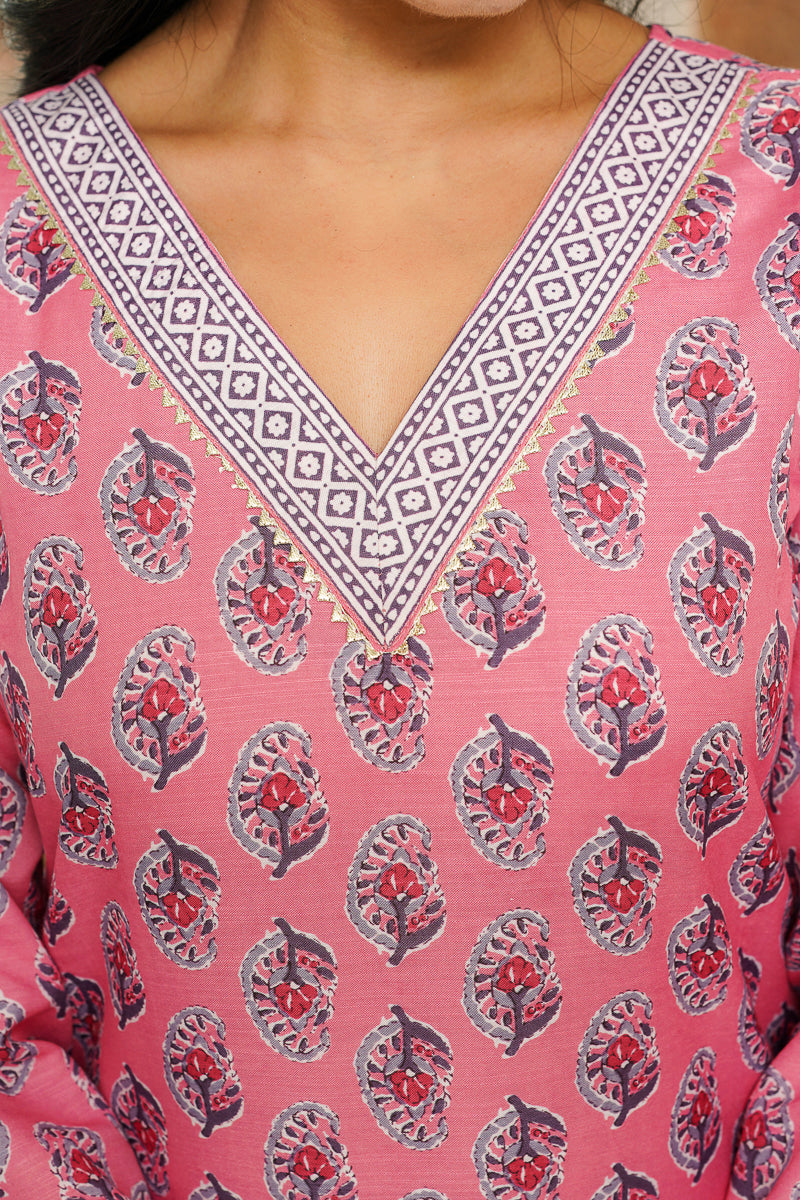 Pink Rayon Blend Ethnic Motifs Printed Straight Kurta Trousers With Dupatta VKSKD2406
