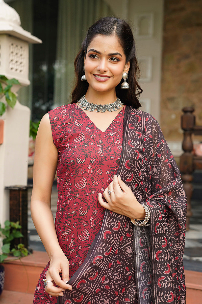 Maroon Rayon Blend Floral Printed Straight Kurta Trousers With Dupatta VKSKD2408
