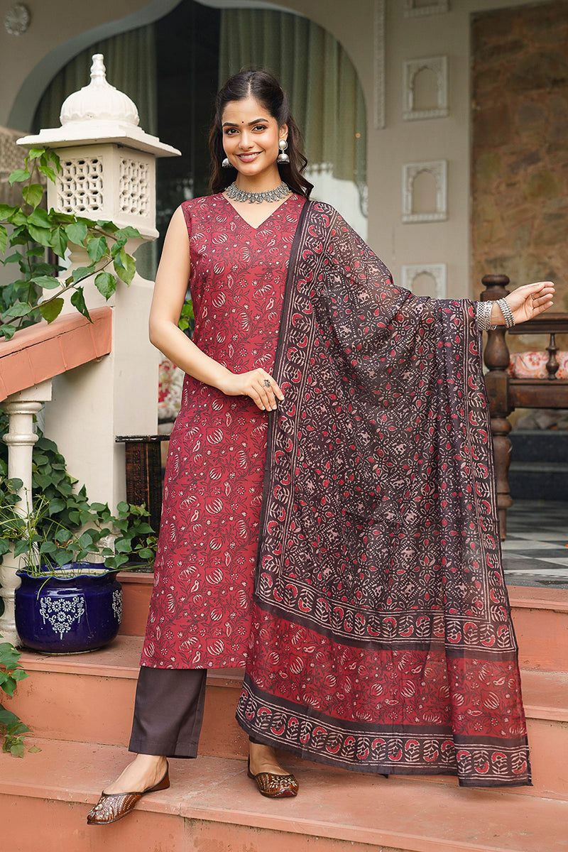 Maroon Rayon Blend Floral Printed Straight Kurta Trousers With Dupatta VKSKD2408
