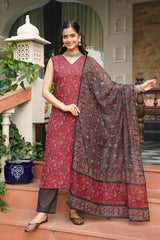 Maroon Cotton Blend Printed Straight Kurta Trousers With Dupatta VKSKD2408