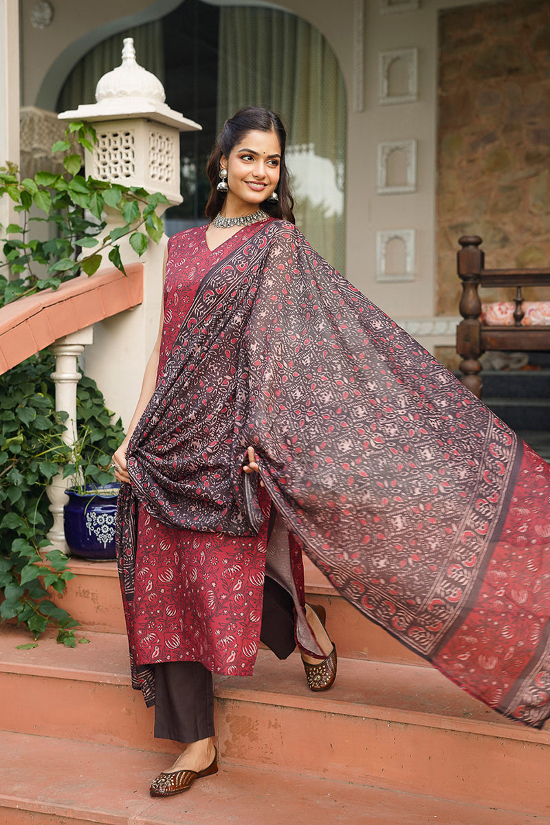 Maroon Rayon Blend Floral Printed Straight Kurta Trousers With Dupatta VKSKD2408