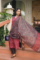 Maroon Cotton Blend Printed Straight Kurta Trousers With Dupatta VKSKD2408