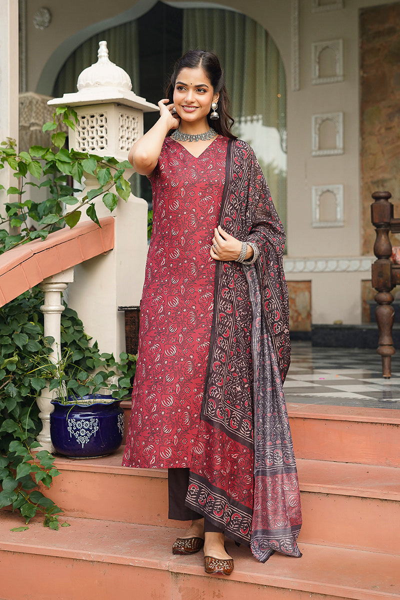 Maroon Rayon Blend Floral Printed Straight Kurta Trousers With Dupatta VKSKD2408