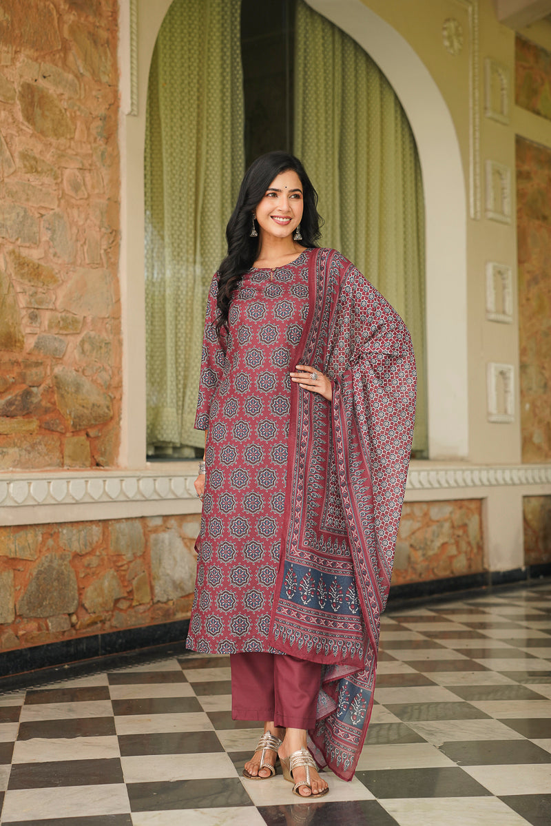 Maroon Rayon Blend Ajrakh Printed Straight Kurta Trousers With Dupatta VKSKD2409