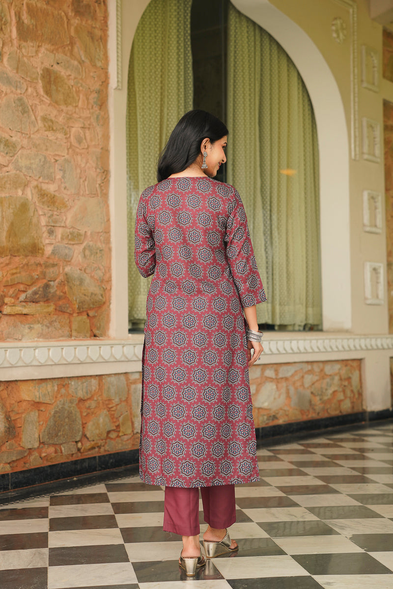 Maroon Rayon Blend Ajrakh Printed Straight Kurta Trousers With Dupatta VKSKD2409