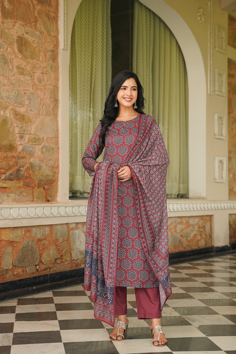 Maroon Rayon Blend Ajrakh Printed Straight Kurta Trousers With Dupatta VKSKD2409