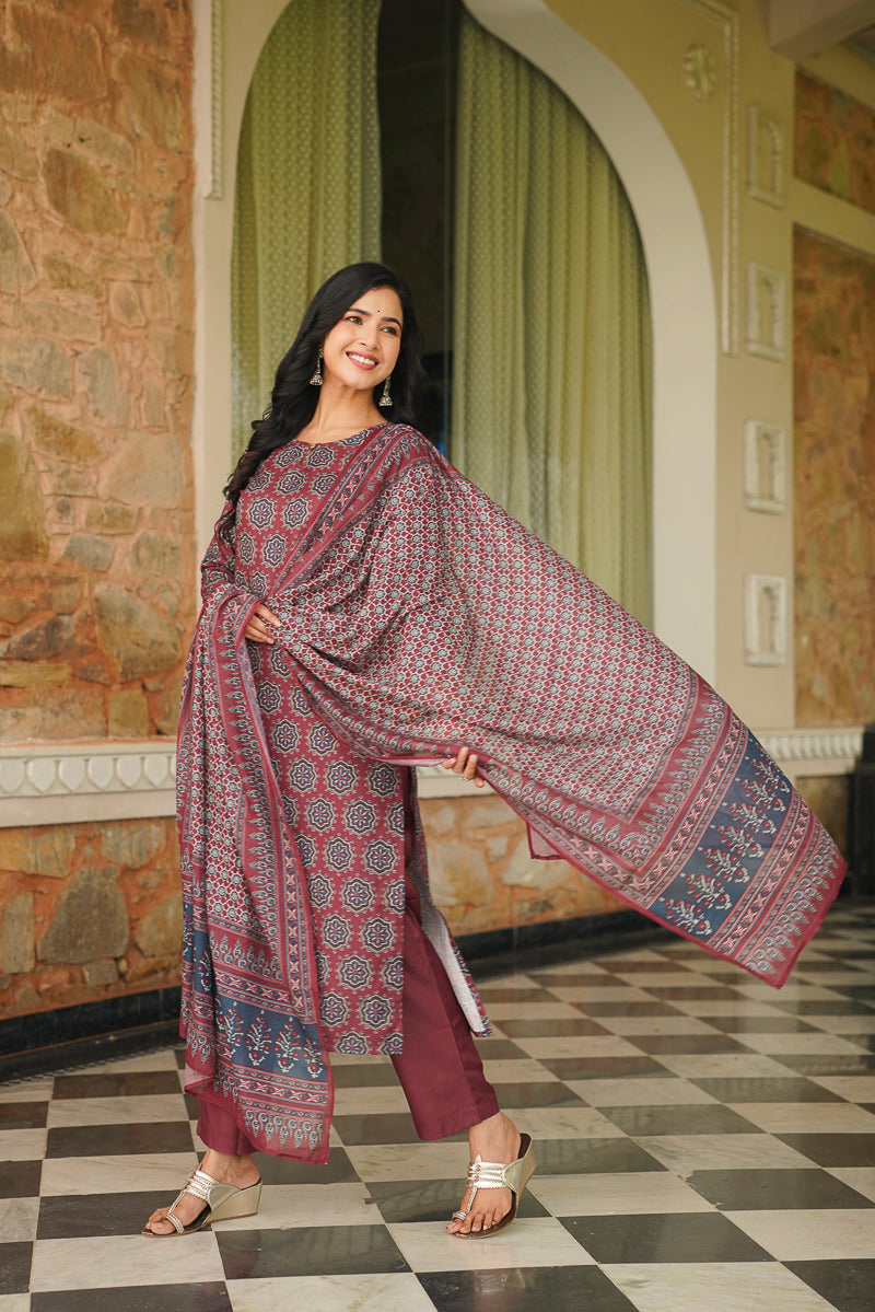 Maroon Rayon Blend Ajrakh Printed Straight Kurta Trousers With Dupatta VKSKD2409