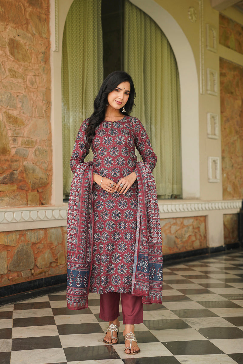 Maroon Rayon Blend Ajrakh Printed Straight Kurta Trousers With Dupatta VKSKD2409