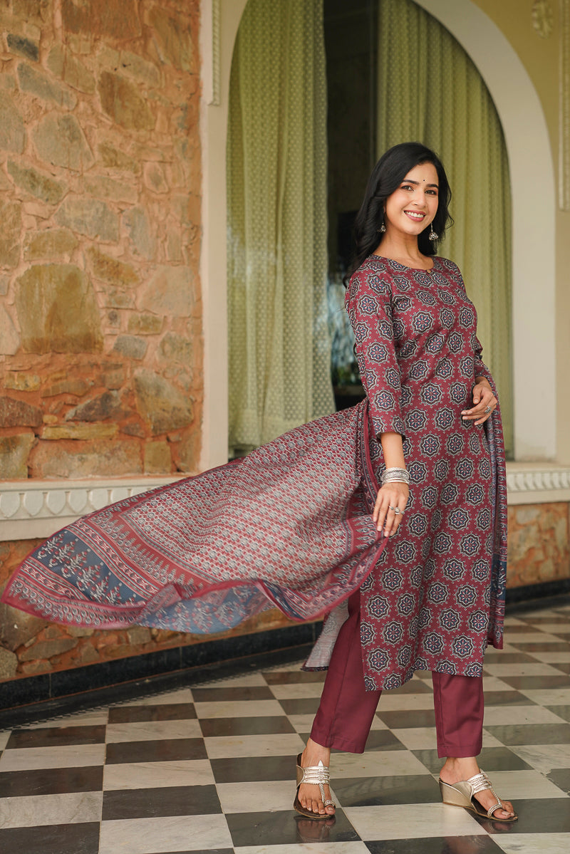 Maroon Rayon Blend Ajrakh Printed Straight Kurta Trousers With Dupatta VKSKD2409