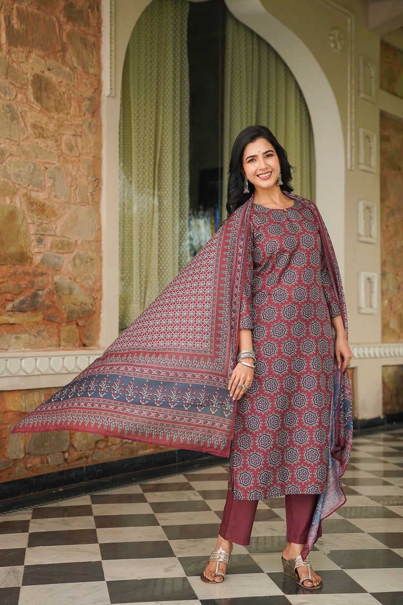 Maroon Rayon Blend Ajrakh Printed Straight Kurta Trousers With Dupatta VKSKD2409