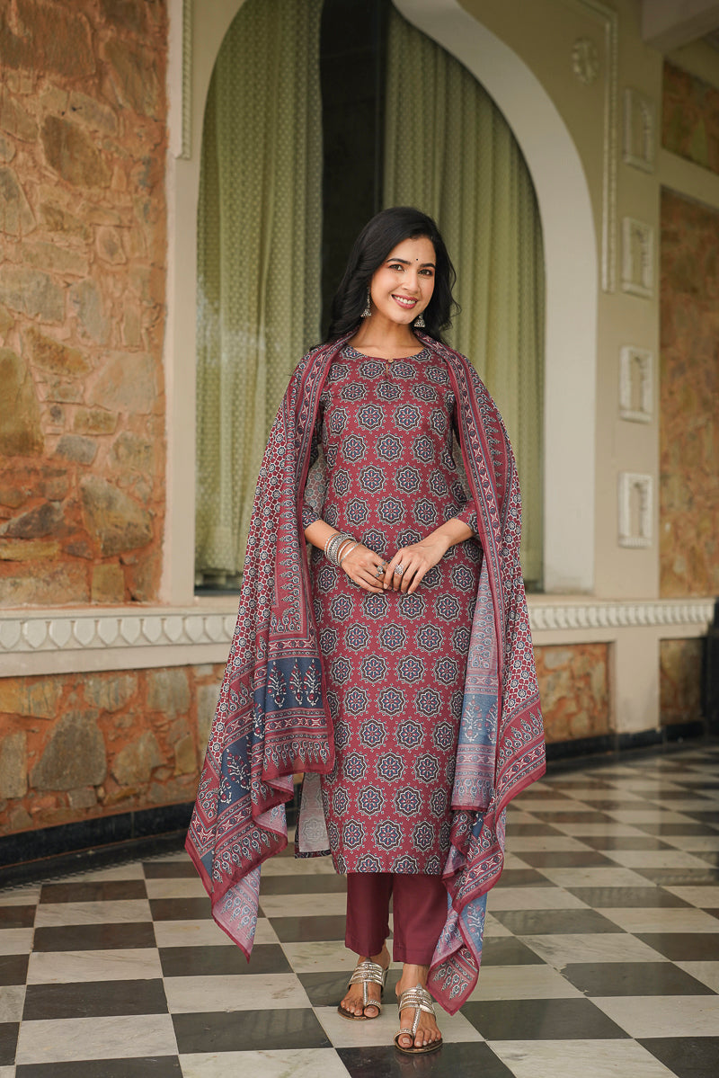Maroon Rayon Blend Ajrakh Printed Straight Kurta Trousers With Dupatta VKSKD2409